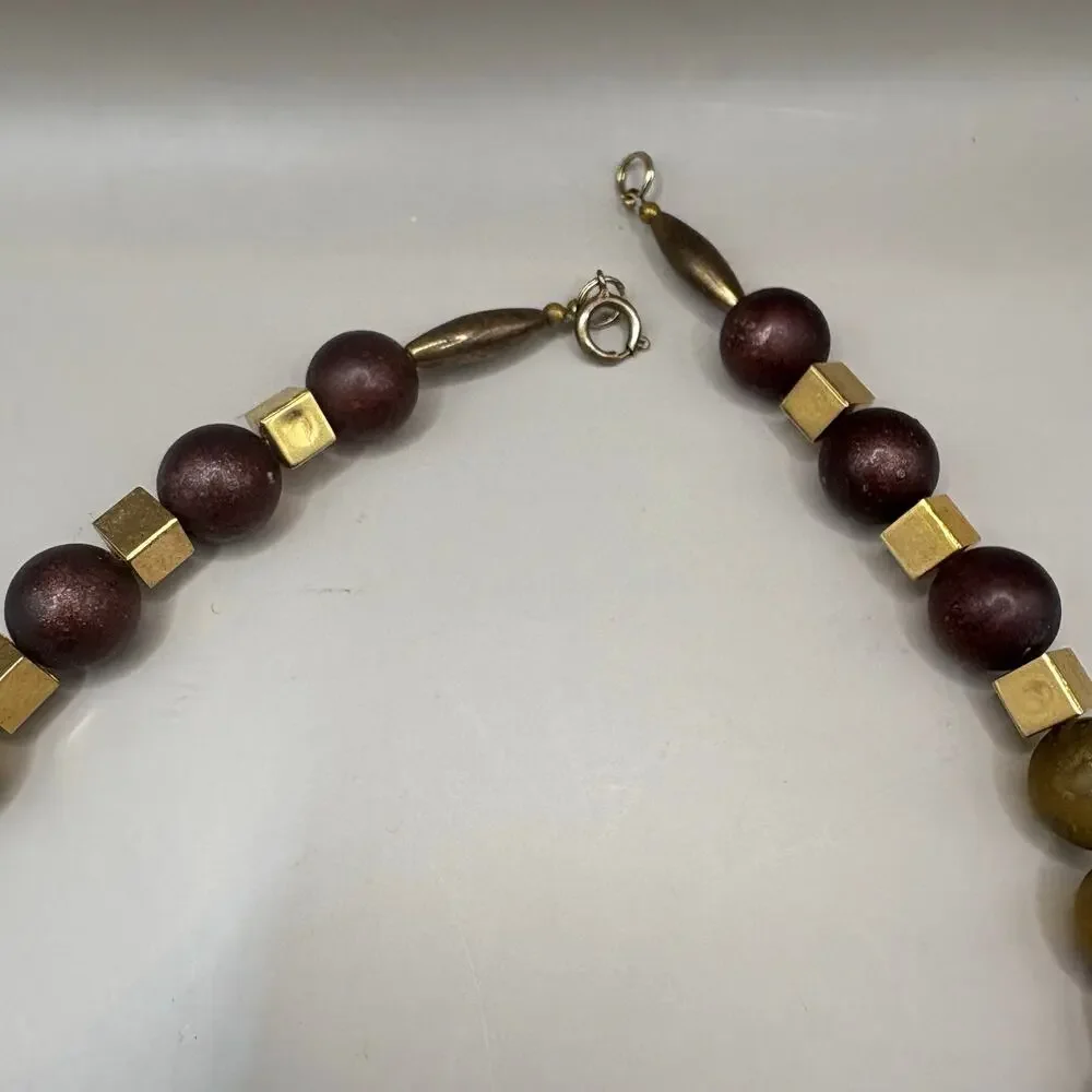 VTG Necklace Beaded Costume Statement Chunky Earthy Gold‎ Tone Hearts Boho